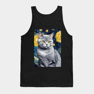 Cute British Shorthair Cat Breed Painting in a Van Gogh Starry Night Art Style Tank Top